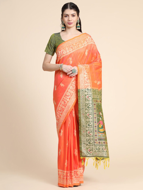 

VISHNU WEAVES Orange & Beige Woven Design Zari Bhagalpuri Saree
