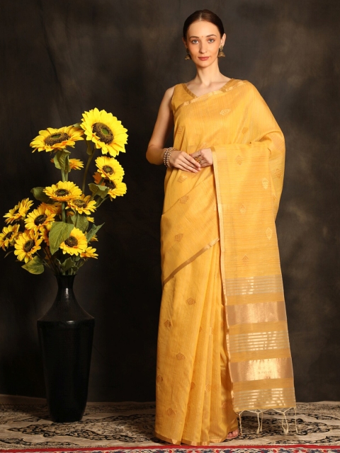 

VISHNU WEAVES Yellow & Gold-Toned Woven Design Zari Linen Blend Banarasi Saree