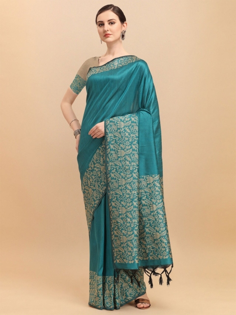 

VISHNU WEAVES Turquoise Blue & Gold-Toned Kalamkari Bhagalpuri Saree