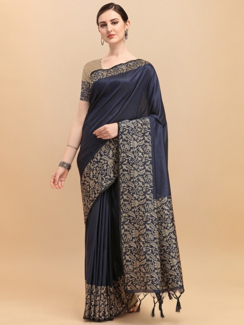 

VISHNU WEAVES Navy Blue & Brown Woven Design Bhagalpuri Saree