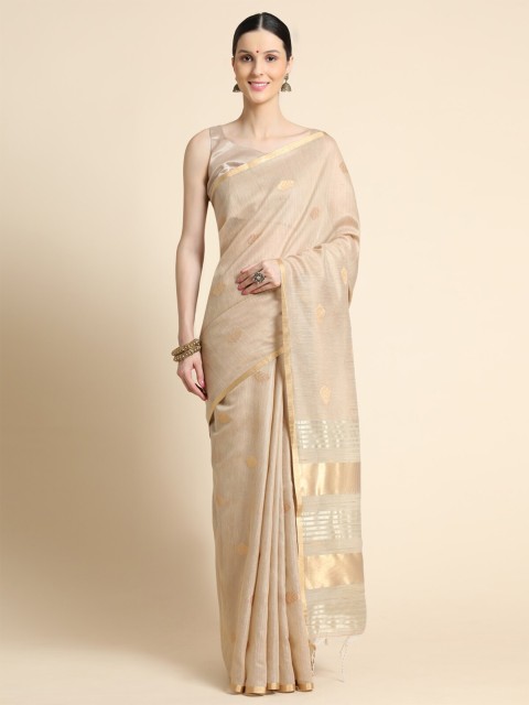 

VISHNU WEAVES Cream-Coloured & Gold-Toned Woven Design Zari Linen Blend Banarasi Saree