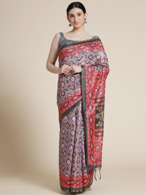 

VISHNU WEAVES Grey & Red Woven Design Linen Blend Banarasi Saree