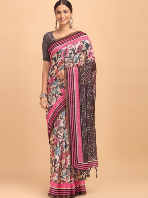 

VISHNU WEAVES Coffee Brown & Pink Kalamkari Linen Blend Banarasi Saree