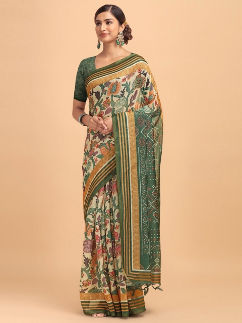 

VISHNU WEAVES Green & Red Kalamkari Linen Blend Banarasi Saree