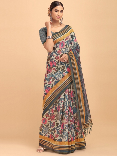 

VISHNU WEAVES Blue & White Kalamkari Linen Blend Banarasi Saree