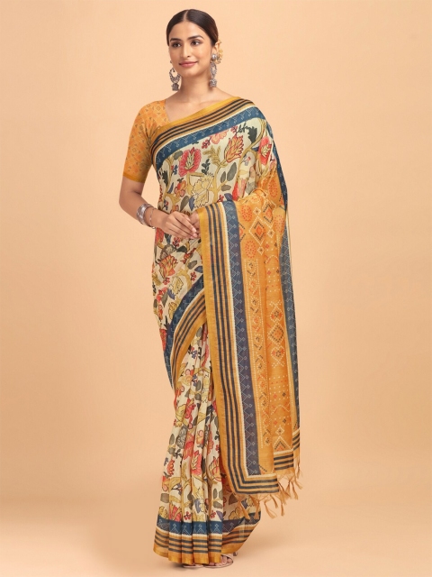 

VISHNU WEAVES Yellow & Blue Kalamkari Linen Blend Banarasi Saree