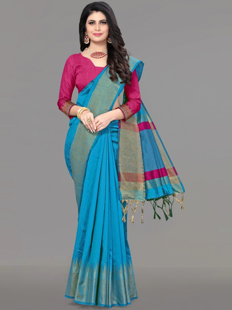 

VISHNU WEAVES Turquoise Blue & Magenta Woven Design Bhagalpuri Saree