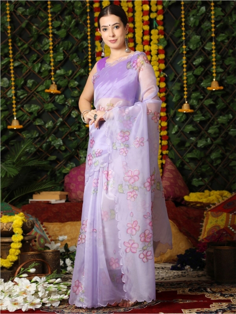 

VISHNU WEAVES Lavender & Pink Floral Organza Banarasi Saree