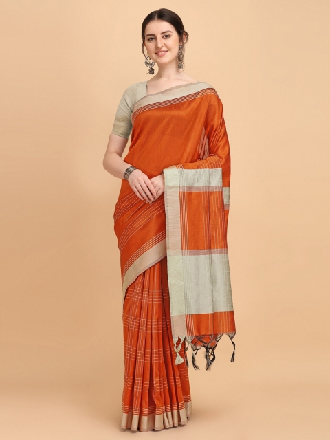 

VISHNU WEAVES Orange & Silver-Toned Checked Bhagalpuri Saree