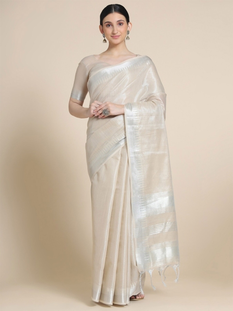 

VISHNU WEAVES Cream-Coloured & Silver-Toned Woven Design Zari Tissue Banarasi Saree