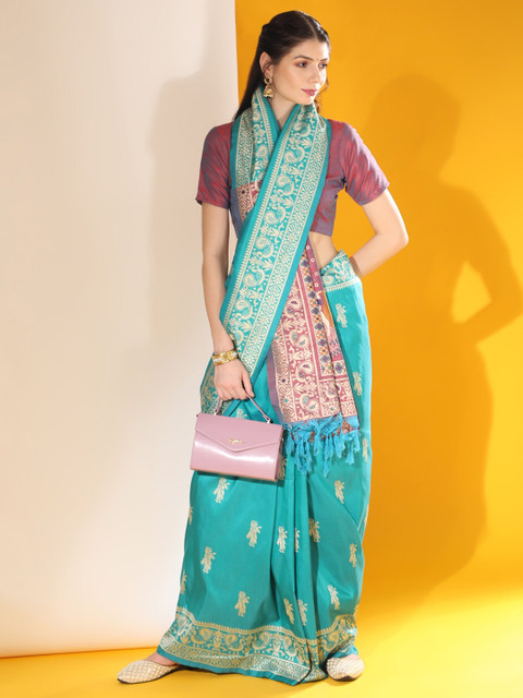 

VISHNU WEAVES Turquoise Blue & Maroon Woven Design Bhagalpuri Saree