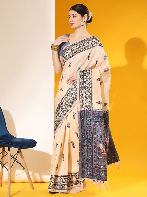 

VISHNU WEAVES Off White & Grey Woven Design Bhagalpuri Saree