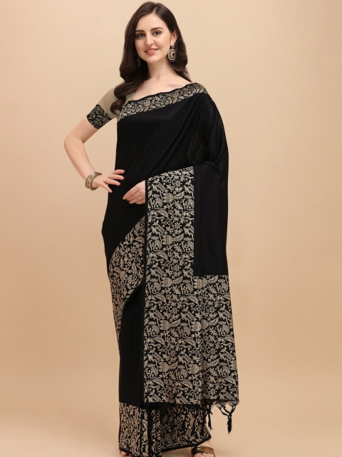 

VISHNU WEAVES Black & Gold-Toned Kalamkari Bhagalpuri Saree