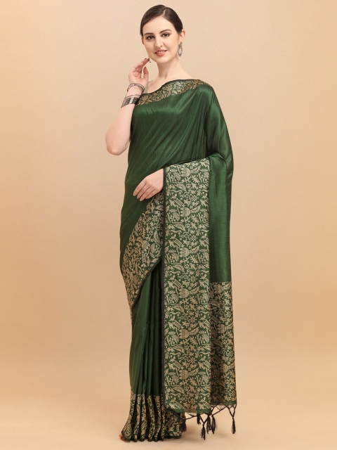 

VISHNU WEAVES Green & Gold-Toned Kalamkari Zari Bhagalpuri Saree