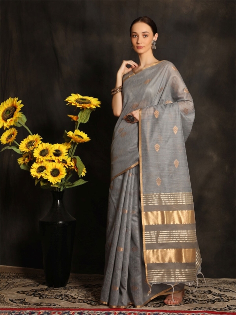

VISHNU WEAVES Grey & Gold-Toned Woven Design Zari Linen Blend Banarasi Saree