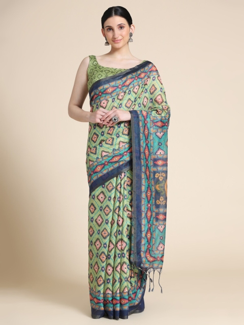 

VISHNU WEAVES Green & Pink Ethnic Motifs Linen Blend Banarasi Saree