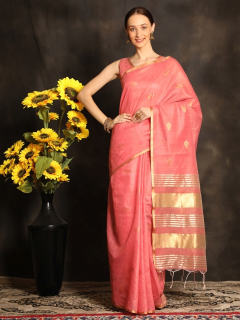 

VISHNU WEAVES Pink & Gold-Toned Woven Design Zari Linen Blend Banarasi Saree