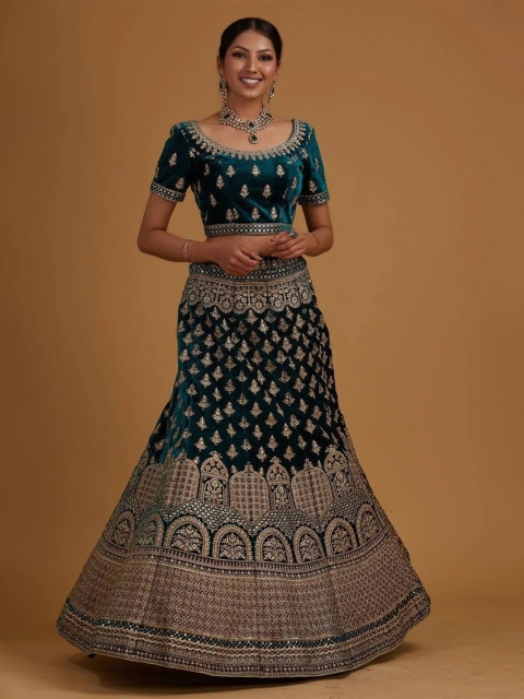 

RIVAMA Green & Gold Embroidered Shibori Semi-Stitched Lehenga & Blouse With Dupatta