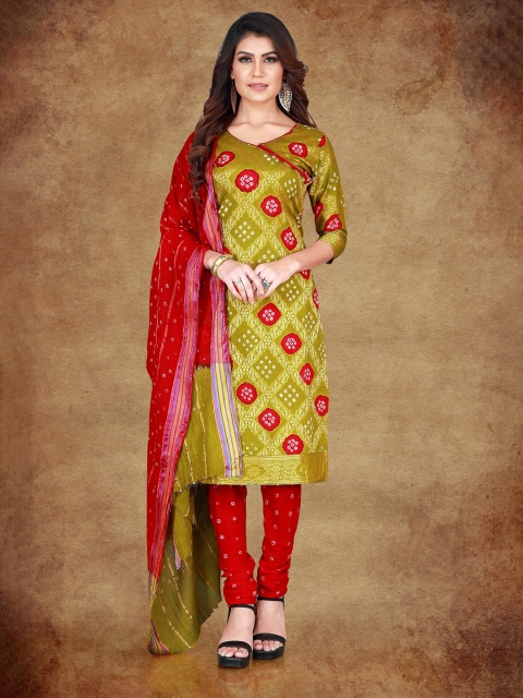 

Divine International Trading Co Olive Green & Red Dyed Pure Cotton Unstitched Dress Material