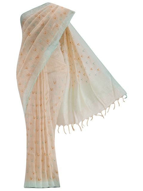 

Nalli Next Cream-Coloured & Orange Embellished Linen Blend Saree