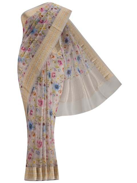 

Nalli Silk Sarees Grey & Blue Floral Zari Organza Saree