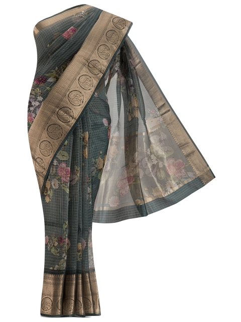 

Nalli Next Blue & Gold-Toned Checked Zari Organza Saree