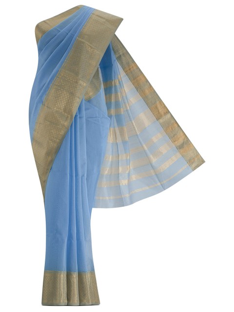 

Nalli Next Blue & Gold-Toned Striped Zari Maheshwari Silk Cotton Saree