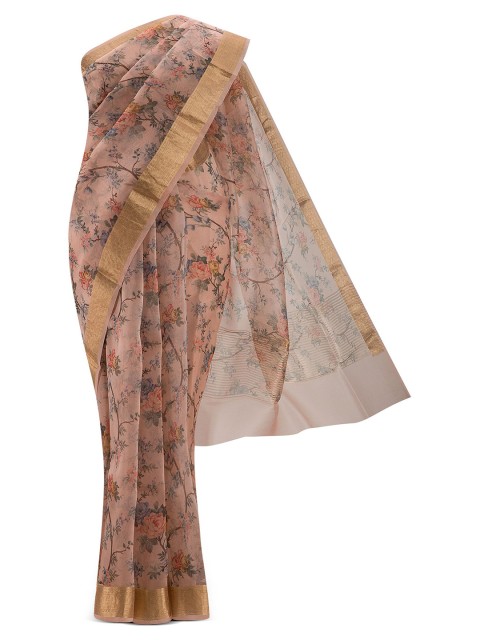 

Nalli Silk Sarees Pink & Grey Floral Zari Organza Silk Saree