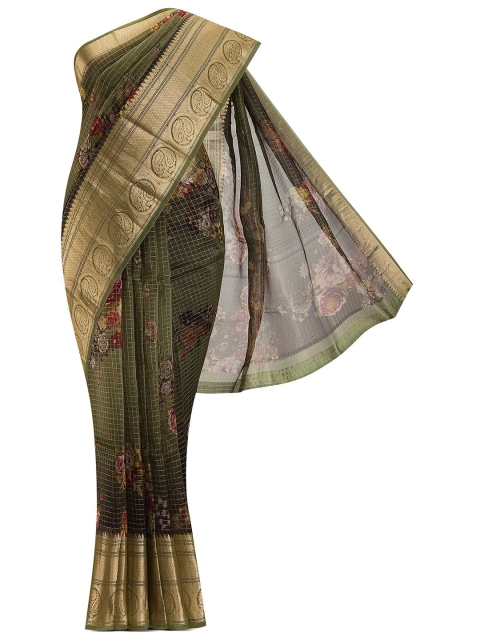 

Nalli Next Green & Gold-Toned Checked Zari Organza Saree