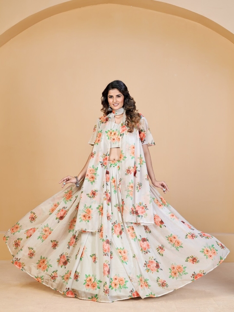 

SHOPGARB Women White Printed Semi-Stitched Lehenga & Unstitched Blouse With Dupatta