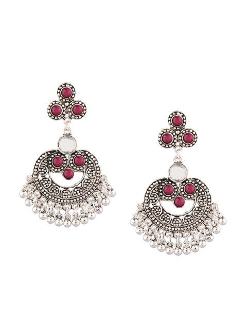 

Efulgenz Silver-Toned & Red Classic Oxidized Silver Chandbalis Earrings