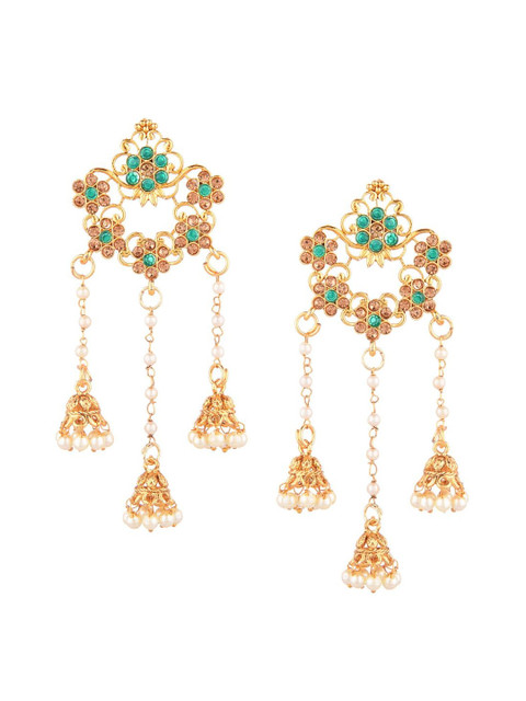 

Efulgenz Gold-Toned & Green Floral Jhumkas Earrings