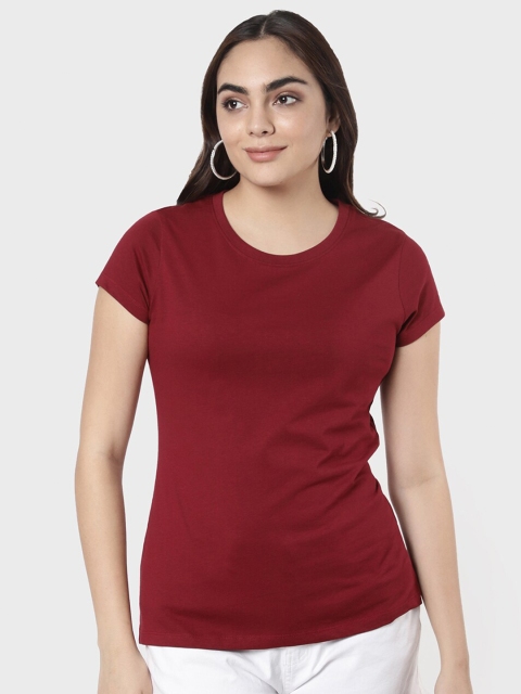

R&B Women Burgundy Solid Short Sleeve T-shirt