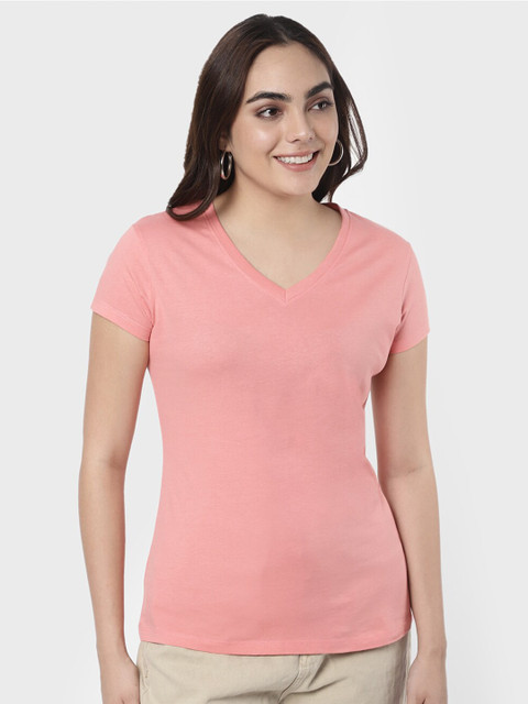 

R&B Women Pink V-Neck Solid T-shirt