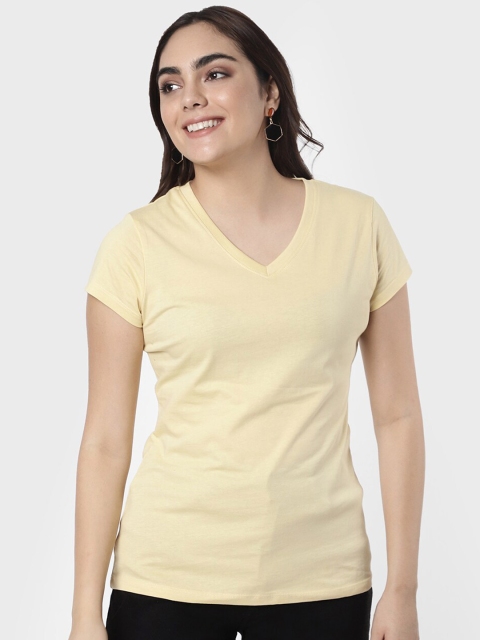 

R&B Women Yellow Solid Raw Edge T-shirt