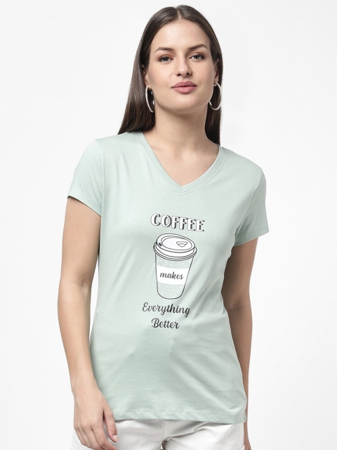 

R&B Women Green Typography Printed V-Neck T-shirt