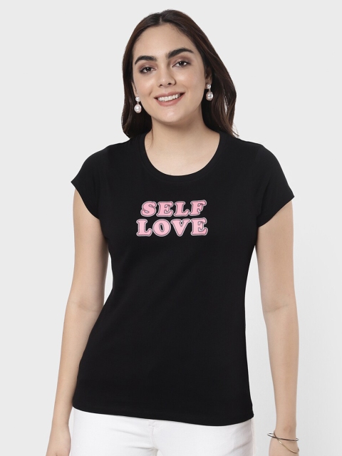 

R&B Women Black Typography Printed T-shirt