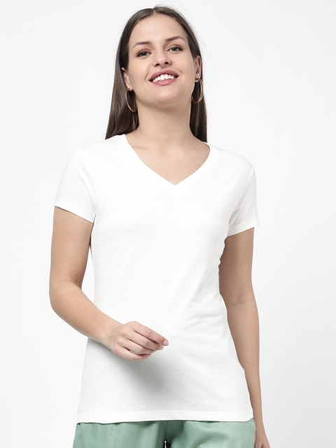 

R&B Women White Solid V-Neck T-shirt