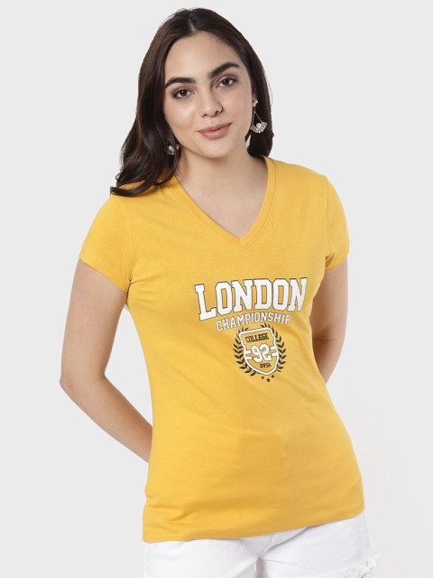 

R&B Women Yellow Typography Printed V-Neck T-shirt
