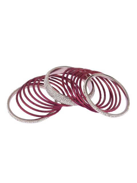 

Efulgenz Set Of 30 Silver-Toned & Maroon Crystal Studded Bangle Set