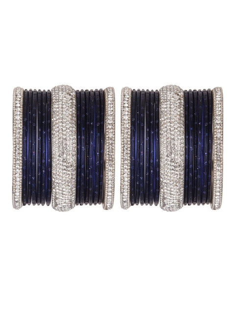 

Efulgenz Women 30 Pieces Navy Blue & Silver Toned Studded Bangle Set