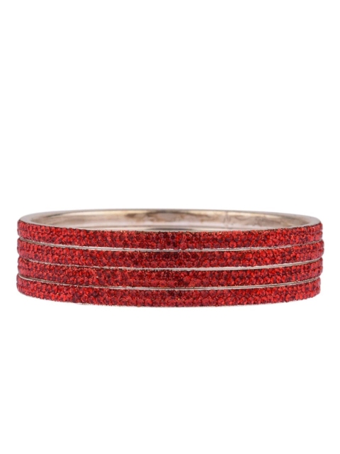 

Efulgenz Set Of 4 Silver-Colored Red Crystal-Studded Antique Bangle