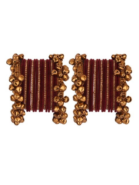 

Efulgenz 39 Pieces Maroon & Gold-Toned Velvet Crystal Bell Charm Bangle Set