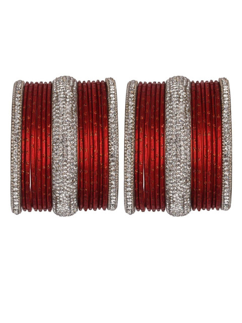 

Efulgenz Set Of 30 Red & Silver-Toned Studded Bangles