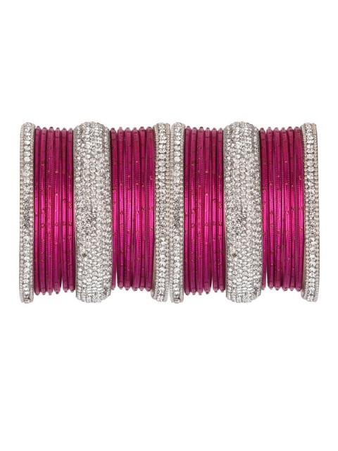 

Efulgenz Set Of 30 Magenta & White Crystal Studded Antique Bangles