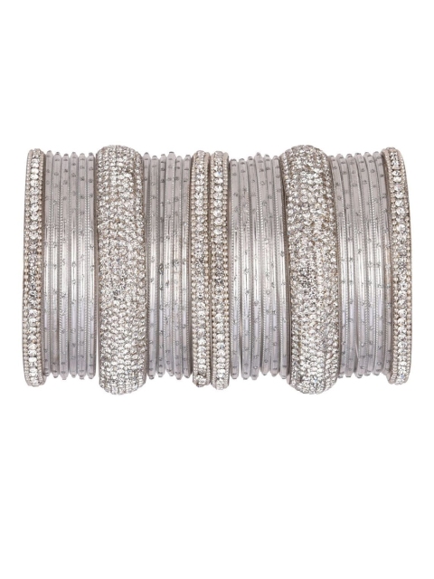 

Efulgenz Set Of 30 Silver-Colored White Crystal-Studded Antique Bangle