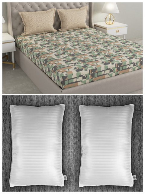 

Trident Set of 144 TC Double Queen Bedsheet with 2 Pillow Covers and 2 Striped Pillows, Olive