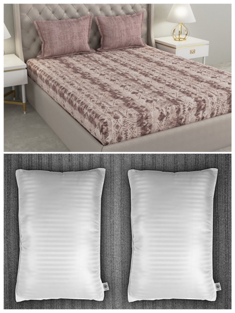 

Trident Set of 144 TC Double Queen Bedsheet with 2 Pillow Covers and 2 Striped Pillows, Brown