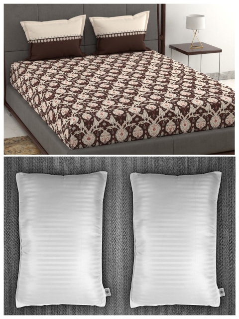 

Trident Set of 120 TC Double Queen Bedsheet with 2 Pillow Covers and 2 Striped Pillows, Brown