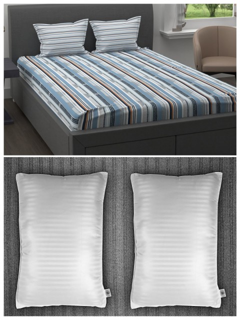

Trident Set of 120 TC Double Queen Bedsheet with 2 Pillow Covers and 2 Striped Pillows, Blue